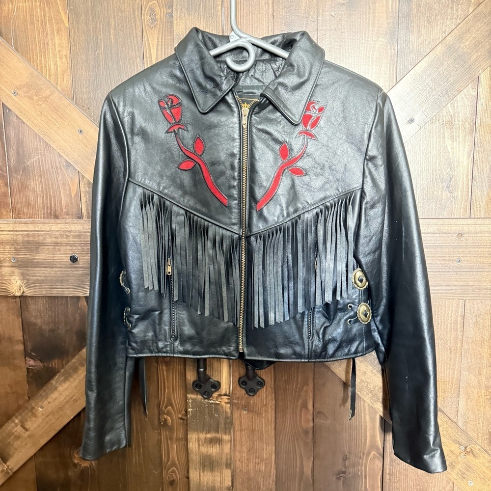 PROTECH Vintage Motorcycle Jacket Black Leather Fringed with Red Roses Size 12 - Picture 2 of 7